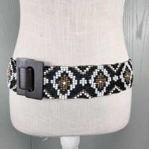 Vintage Beaded Belt Black Navajo Style Boho Hippie WIDE Western‎ Stretchy